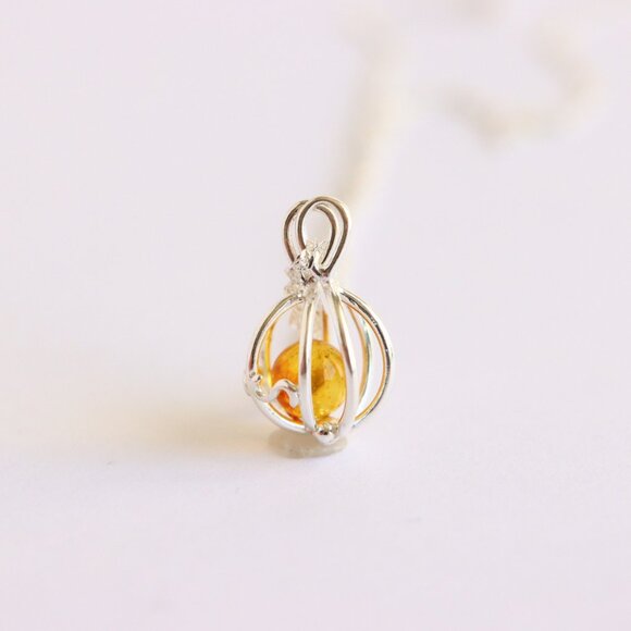 Sterling Silver Birdcage Pendant with Baltic Amber Fossil Insect - Picture 2 of 5